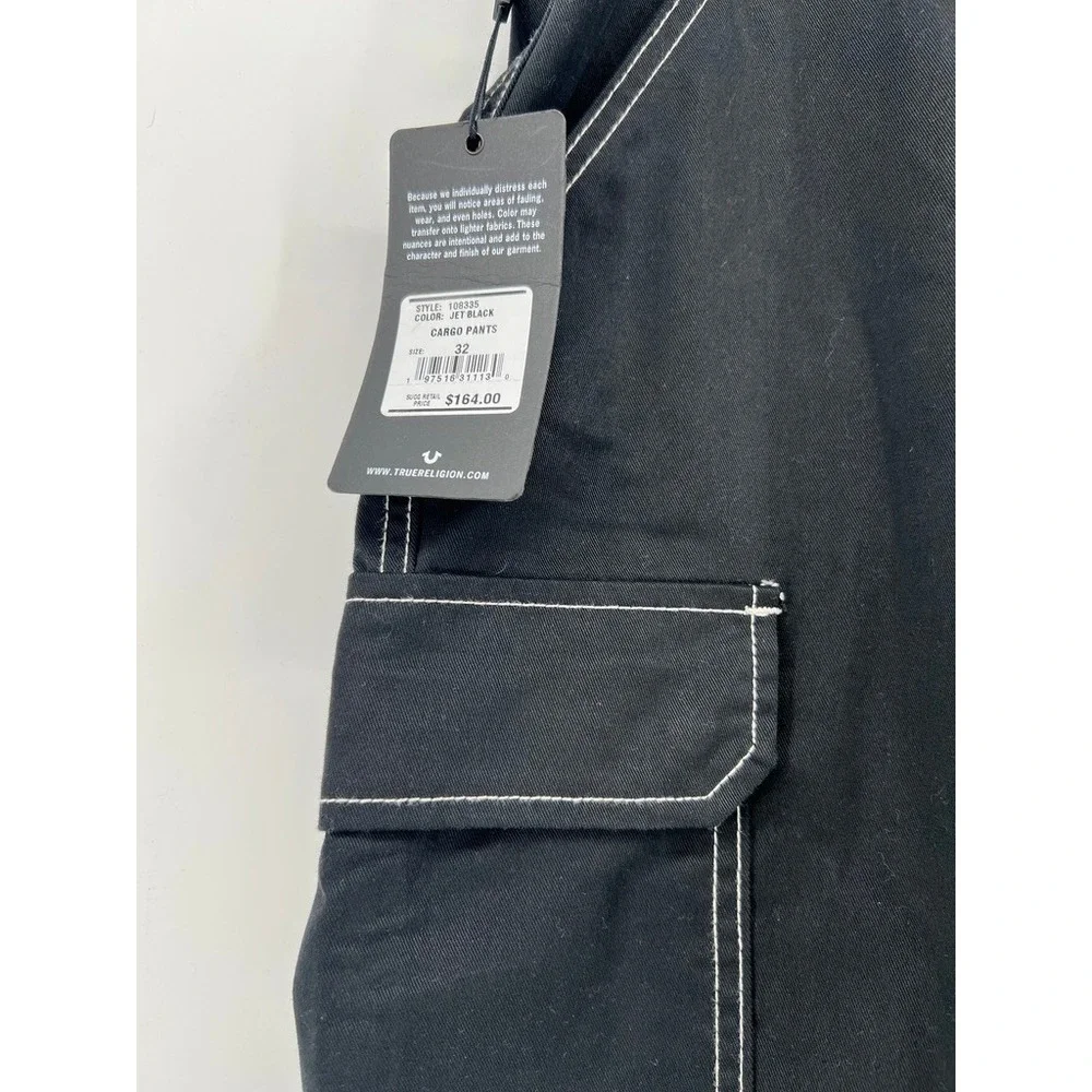 True Religion Mens Jet Black Contrast Stitch Cargo Pants 108335 Size 32 NWT